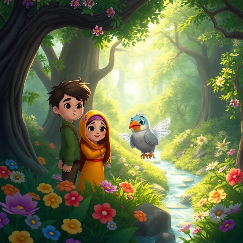 Deep inside the Enchanted Forest, a vibrant world with colorful flowers, sparkling streams, and towering trees all around. The friends, Oliver, Sara, Karim, and Leila, are joined by Lulu, a small magical bird trapped in a net, with distress on her face, sunlight filtering through the leaves, magical creatures peeking out from the bushes, whimsical style, child-friendly, cheerful scene.