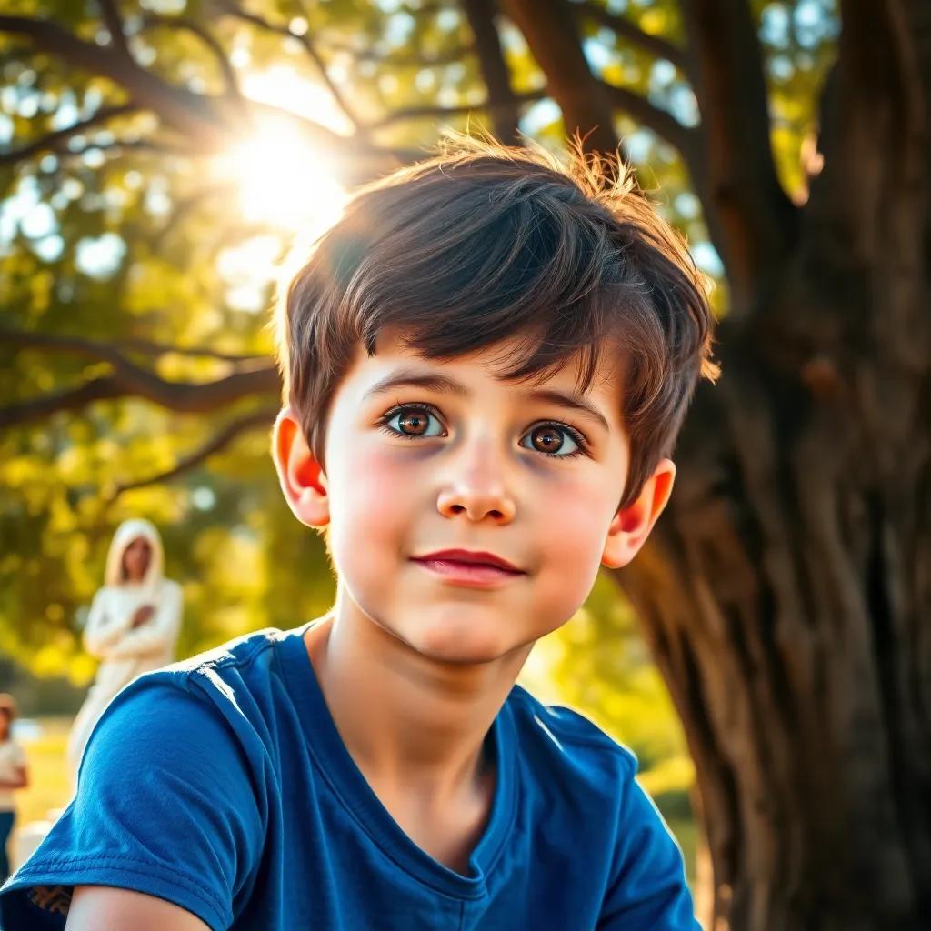 A young boy, my friend Alex, with short brown hair and wearing a blue t-shirt, sitting under a tree with a sunny background, looking curious, digital art, vibrant colors, cheerful atmosphere, high quality