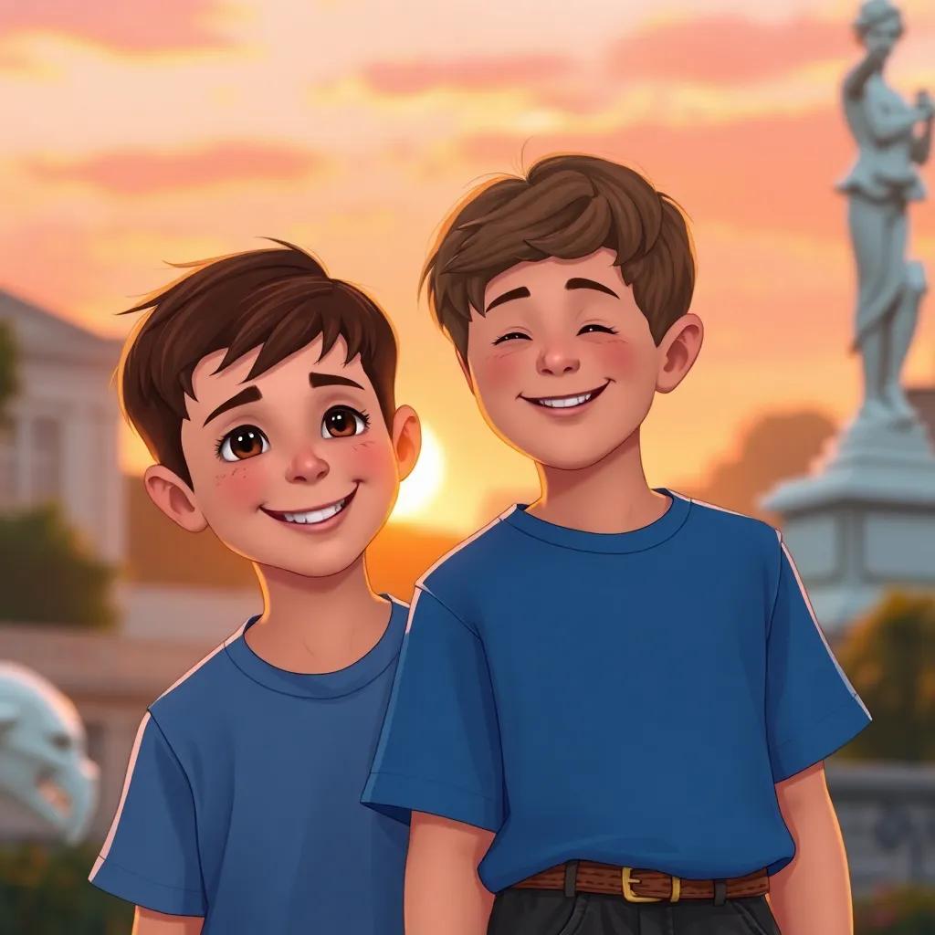 Two young boys, with Alex on the left with short brown hair in a blue t-shirt, standing outside as the sun sets, with a pink and orange sky, smiling and imagining together, illustration, warm light, magical feeling, child-friendly