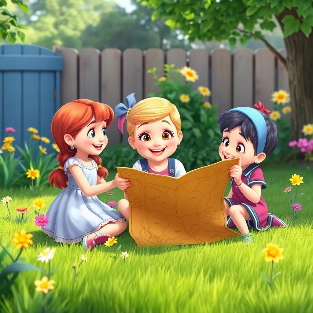 Lily with her friends, Max and Ruby, gathered in a cheerful backyard, examining an old treasure map, surrounded by flowers and green grass, digital art, colorful, joyful expressions, inviting scene, high quality