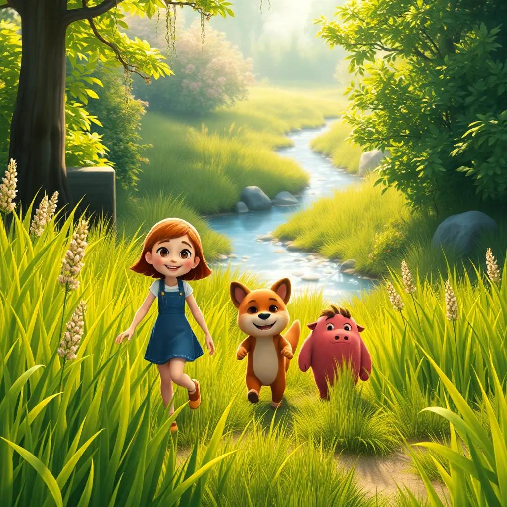 Lily, Max, and Ruby walking through tall grass, feeling the warm breeze, sparkling stream in the background, lush greenery, digital painting, friendly atmosphere, rich colors, high quality