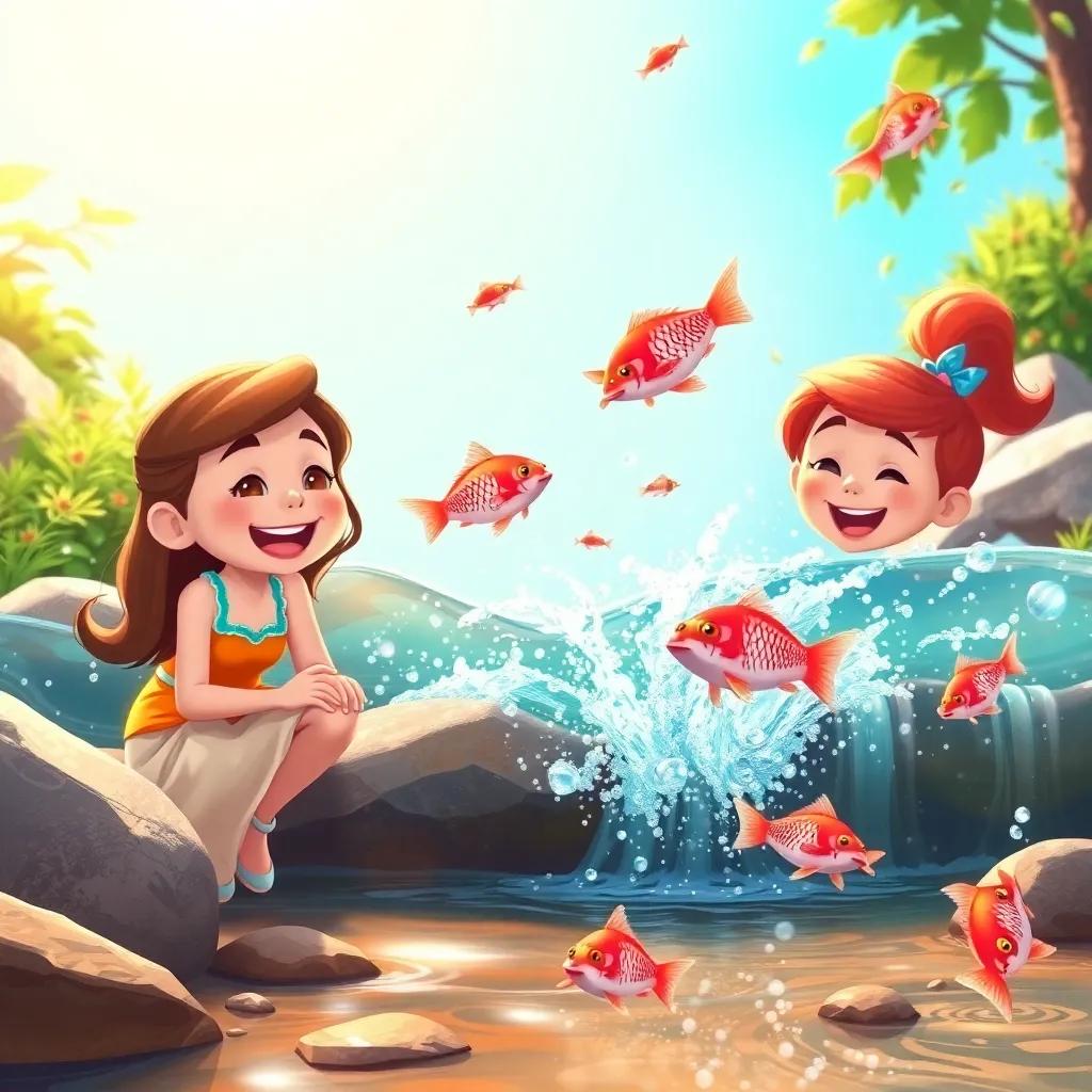 Lily, Max, and Ruby at a sparkling stream, laughing and splashing water, beautiful fish swimming around them, sunny day, cheerful scene, warm tones, vibrant illustration, high quality