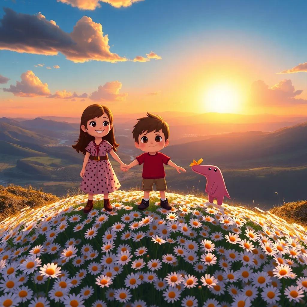 Lily, Max, and Ruby on a small hill covered in daisies, enjoying a beautiful valley view, holding hands, happy smiles, glowing sunset, vivid illustration, heartwarming scene, high quality