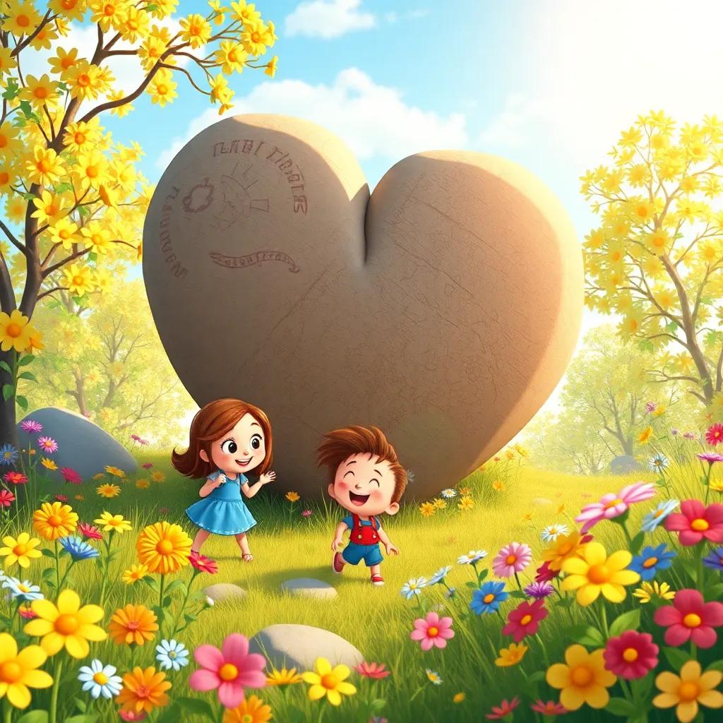 Lily, Max, and Ruby searching for a giant heart-shaped rock, playful expressions, colorful flowers all around, bright day, delightful hand-drawn scene, cheerful atmosphere, high quality