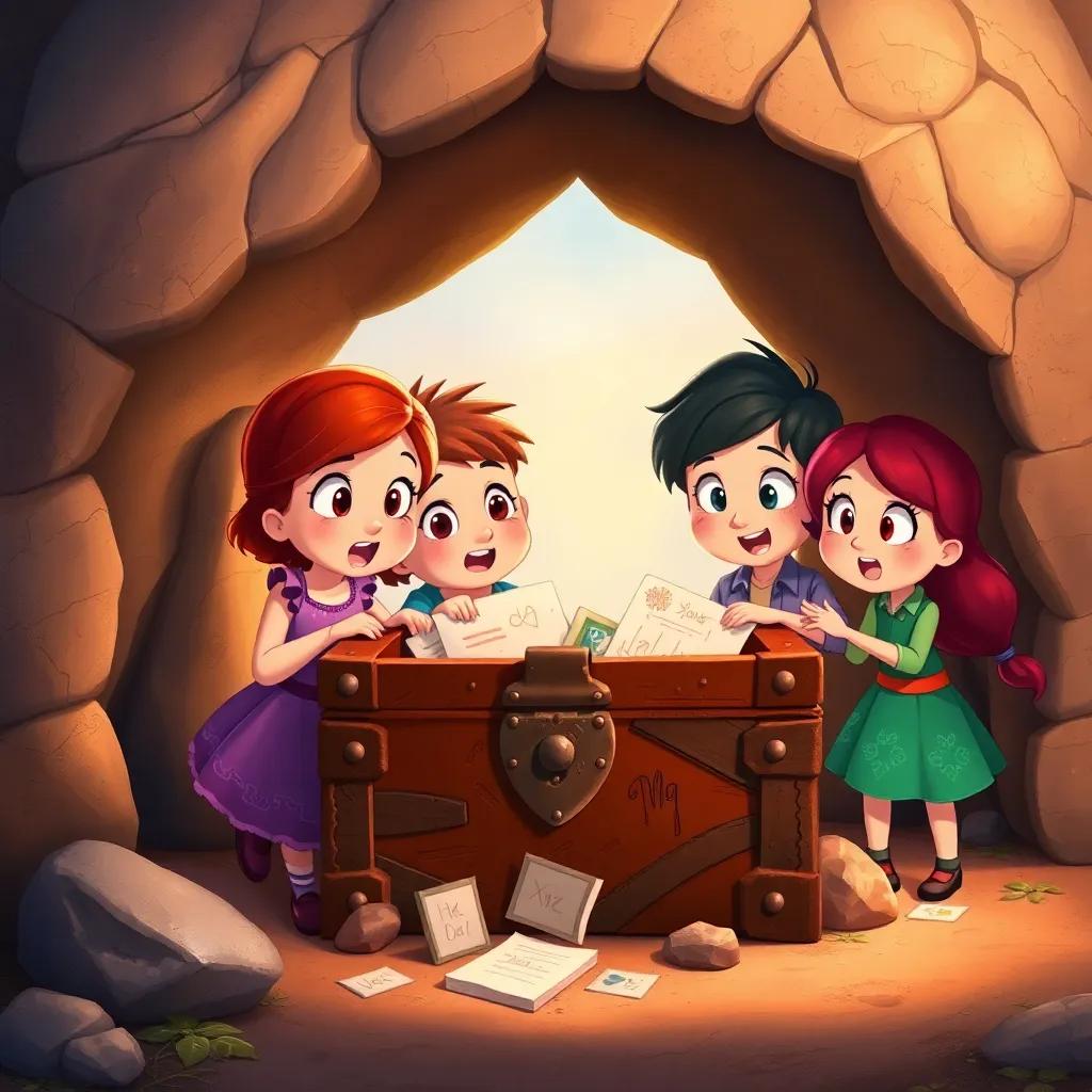 Lily, Max, and Ruby opening a rusty old treasure chest under a heart-shaped rock, surprised faces, chest filled with notes and colorful drawings, magical atmosphere, vibrant colors, child-friendly illustration, high quality