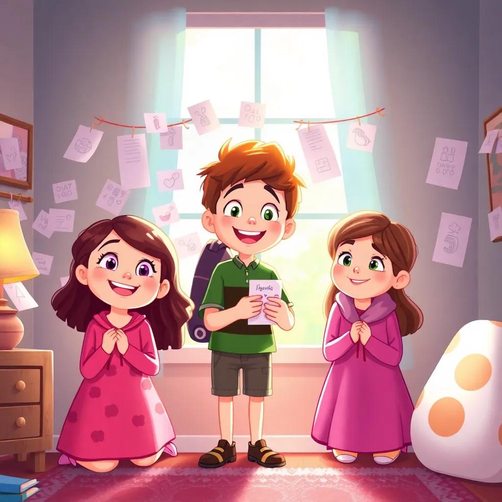 Lily, Max, and Ruby creating a friendship wall, hanging notes and drawings in a cozy room, warmth in their smiles, beautiful light filtering through, heartwarming scene, colorful illustration, high quality