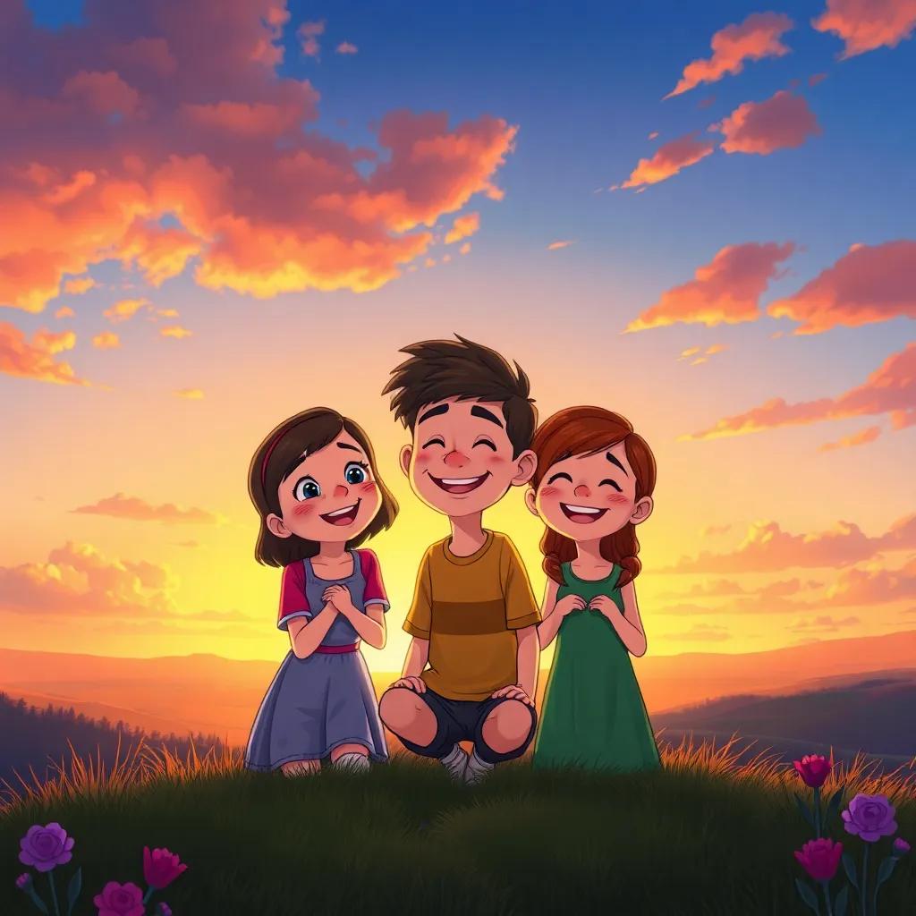Lily, Max, and Ruby at sunset, smiling together, warm colors in the sky, feeling grateful for each other, beautiful landscapes, joyful illustration, uplifting atmosphere, high quality