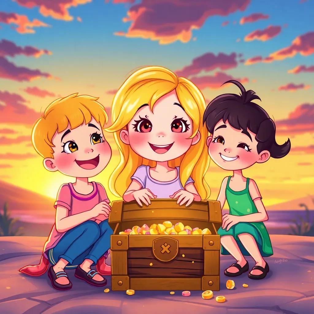 Lily, a cheerful girl with golden hair, with her friends Max and Ruby, celebrating their friendship around a treasure chest, sharing treasure of memories, vibrant sunset backdrop, heartwarming scene, colorful and joyful illustration, high quality