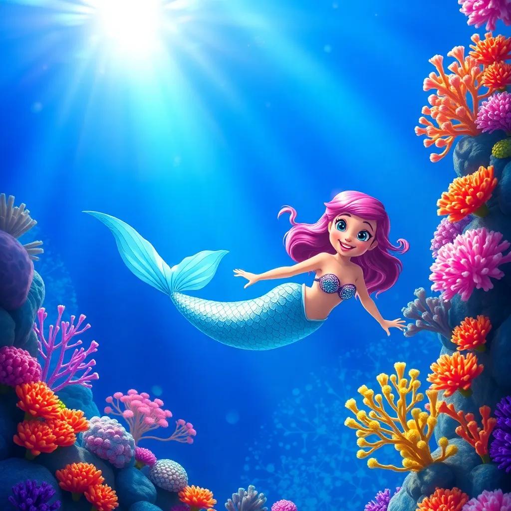 A mermaid named Mira, with shiny scales sparkling under the sun, swimming joyfully in the deep blue sea surrounded by colorful coral reefs, digital art, bright and cheerful, vibrant colors, underwater scene, high quality