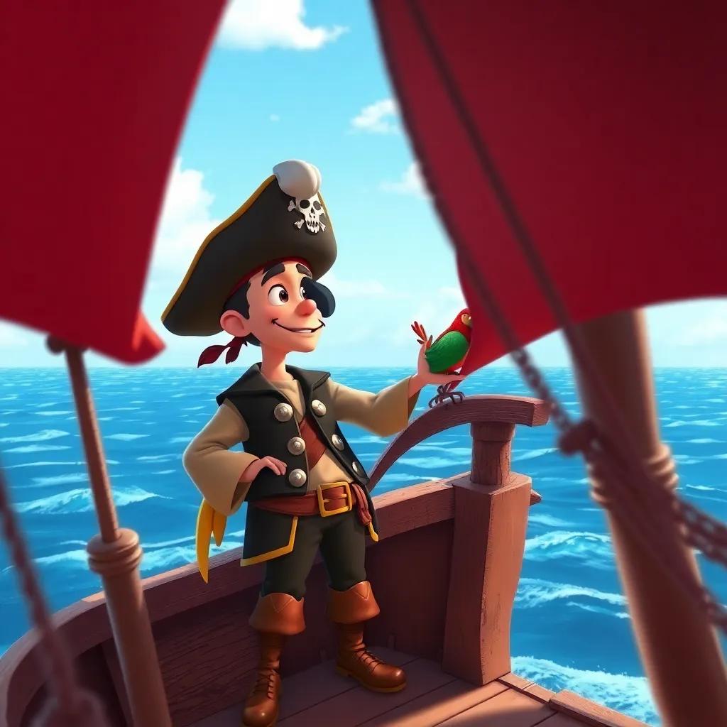Pete the pirate, wearing a big hat and a patch, standing on a rickety ship with a parrot on his shoulder, looking out over the ocean with excitement, digital illustration, lively, adventurous atmosphere, child-friendly, high quality