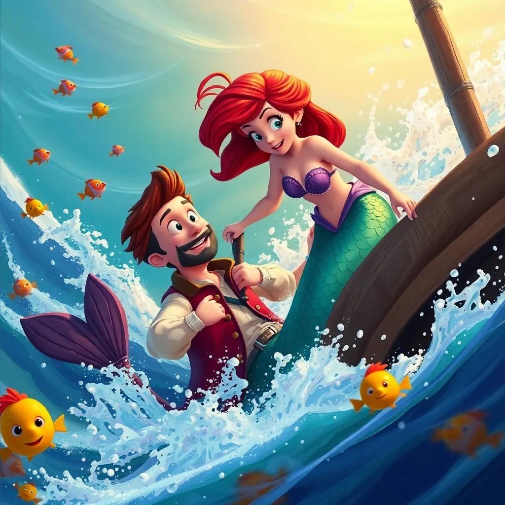 Mira, the mermaid, helping Pete the pirate who has fallen overboard, with waves splashing around them, the scene filled with colorful fish swimming nearby, digital painting, dynamic, warm colors, uplifting, high quality