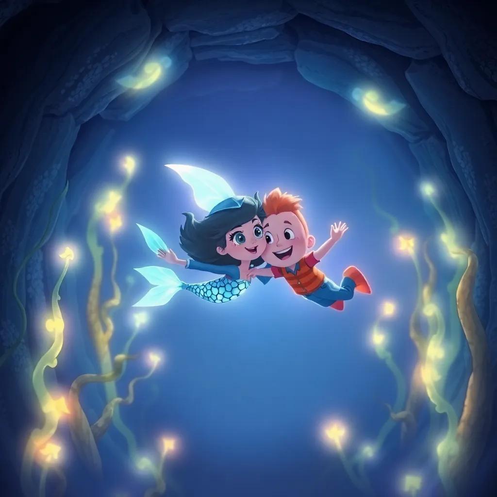 Mira and Pete, swimming together through a dark tunnel with glowing fish and seaweed surrounding them, Mira's scales shining brightly, creating a magical glow, illustration, mystical, enchanting, child-friendly, high quality