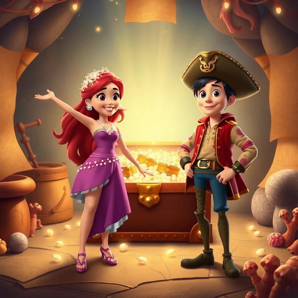 Mira and Pete standing triumphantly beside a beautiful treasure chest covered with pearls and coral, with treasure sparkling inside and maps surrounding them, celebratory scene, colorful, jubilant atmosphere, child-friendly, high quality