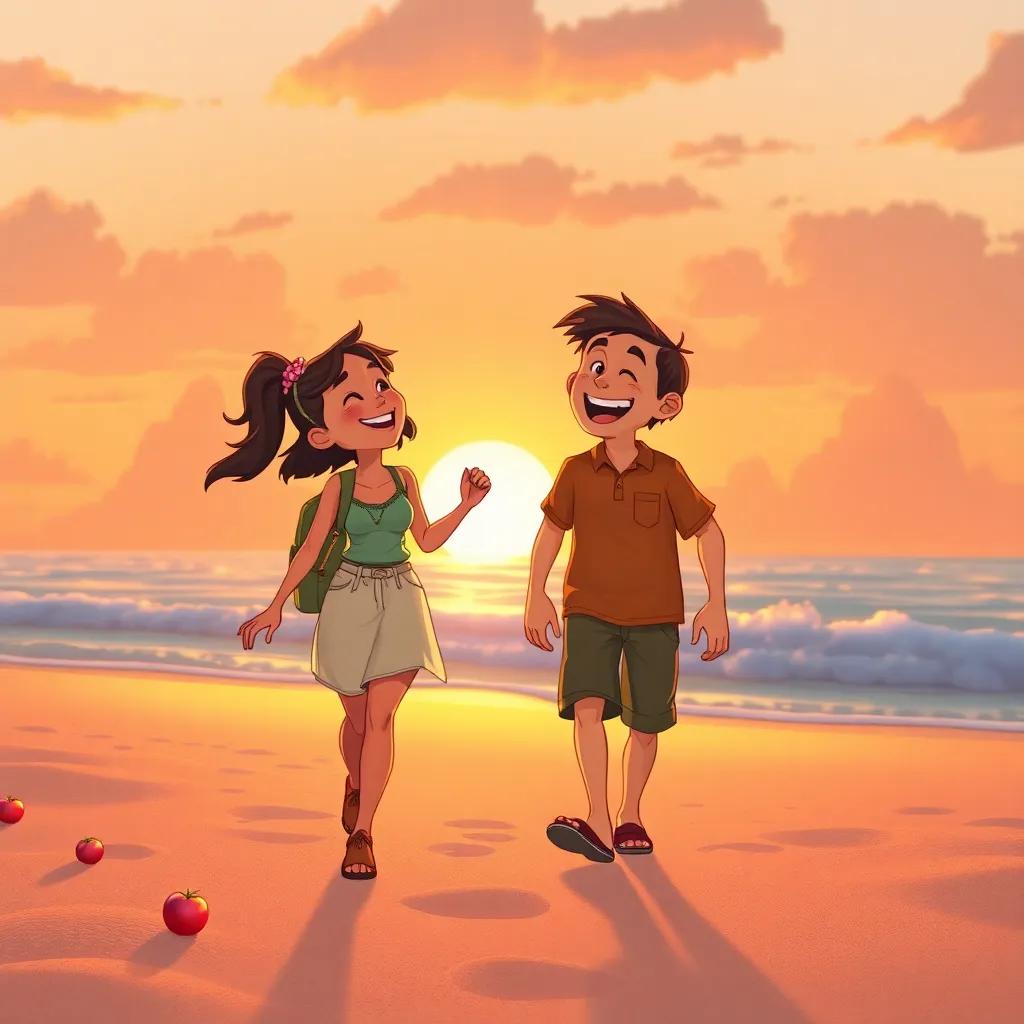Mira and Pete laughing together while walking on a sandy beach at sunset, surrounded by the fruits of their adventures, feeling happy and content, warm glow, joyful, heartwarming, illustration, high quality