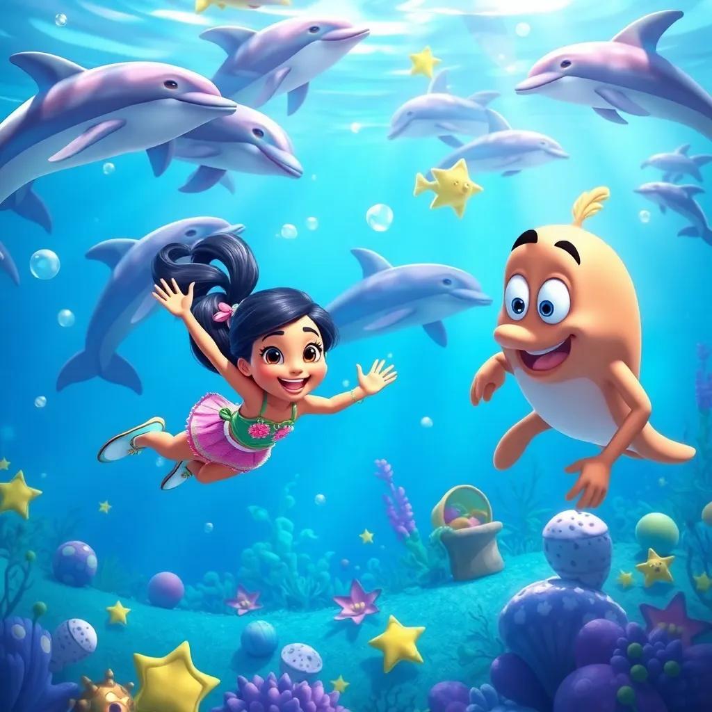 Mira and Pete swimming among dolphins and exploring various underwater treasures, a vibrant scene showcasing their friendship, filled with excitement, digital art, colorful, playful, high quality