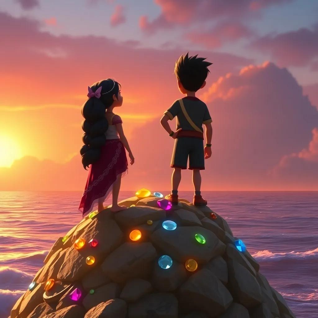 Mira and Pete standing atop a small mound of gold and jewels, looking out over the sea, feeling proud of their journey and friendship, sunset backdrop, rich colors, heroic, high quality