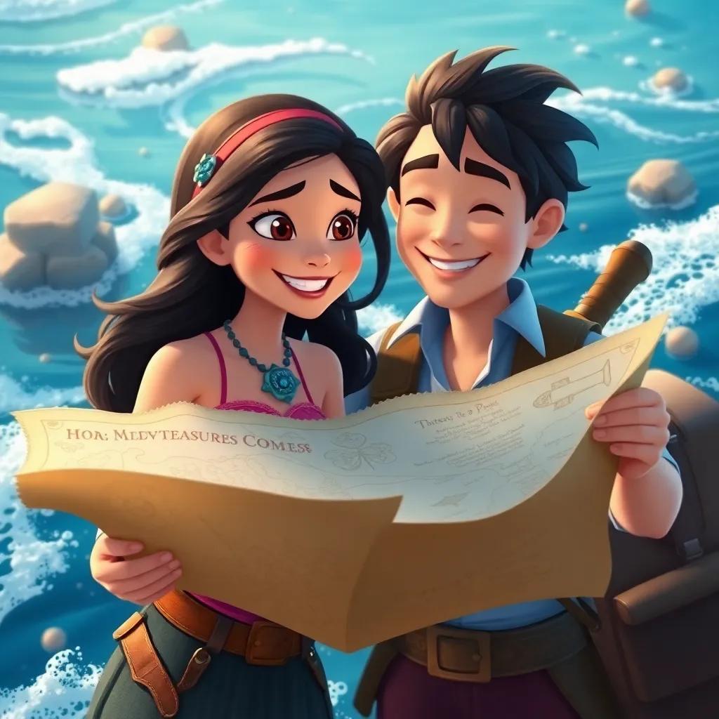 Mira and Pete sharing a treasure map filled with more adventures to come, both smiling, surrounded by the beauty of the ocean, inviting atmosphere, friendly, adventurers, high quality