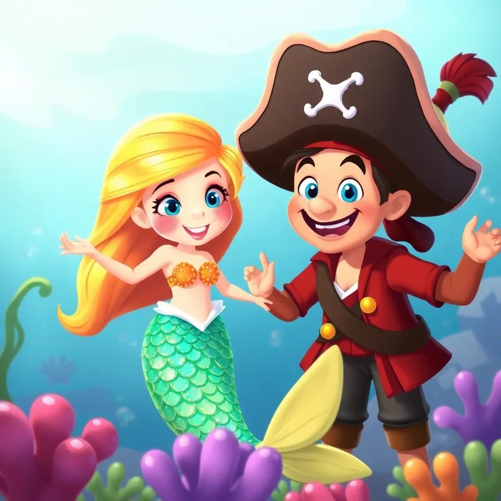 Mira, a friendly mermaid with shiny scales, and Pete, a cheerful pirate with a big hat, exploring together in the ocean, symbolizing friendship and teamwork, colorful and inviting, digital painting, child-friendly, high quality