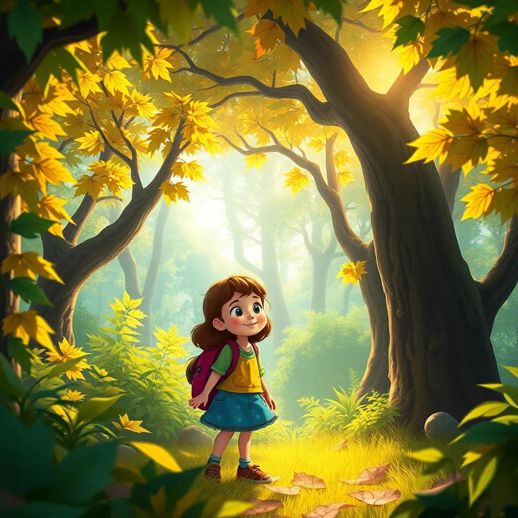 A curious girl named Lucy exploring a sunlit forest, vibrant trees surrounding her, leaves whispering secrets, joyful atmosphere, detailed digital art, warm light, magical colors, inviting perspective, high quality
