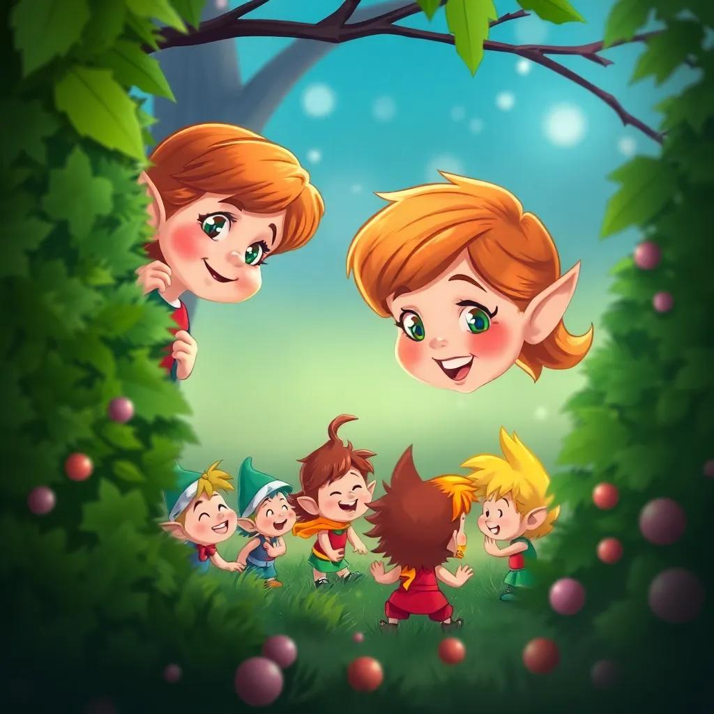 Lucy peeking behind a bush to find a group of colorful elves playing games, tiny elves with bright hair, laughter in the air, cheerful scene, illustration, colorful and engaging, child-friendly