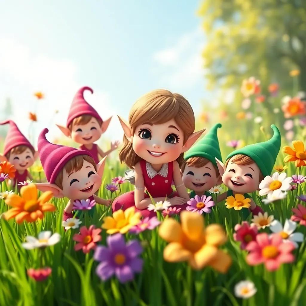 Lucy surrounded by cheerful elves, playing hide and seek in a meadow of colorful flowers, smiles and joy all around, bright sunlight, thick green grass, whimsical style, vibrant colors, uplifting