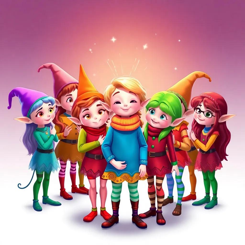 The elves introducing themselves to Lucy, each with unique hair colors and outfits, standing in a circle, friendship in the air, colorful and friendly, playful illustration, charming atmosphere, high detail