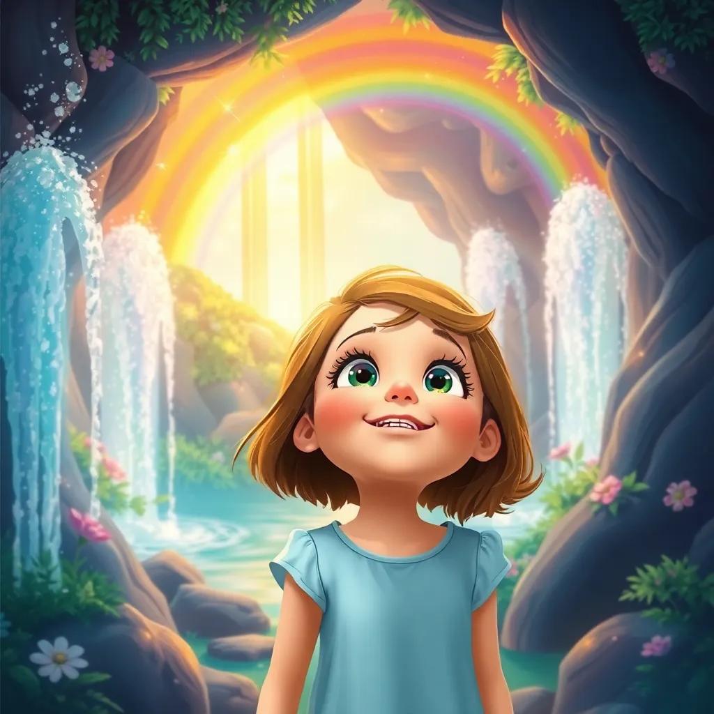 Lucy entering a magical hidden world filled with sparkling fountains and rainbows, awestruck expression, wonder and delight on her face, digital painting, enchanting view, bright colors, heartwarming scene