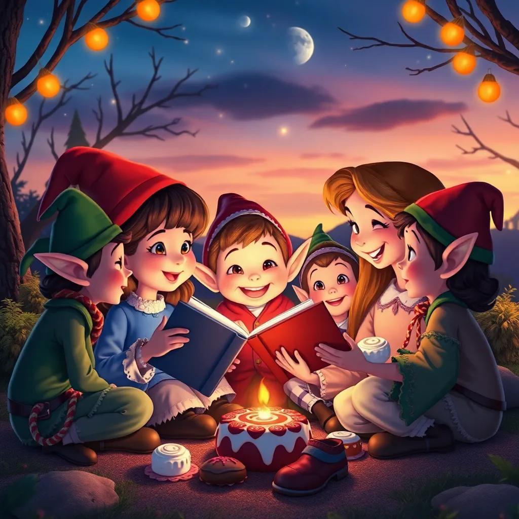 Lucy and the elves sharing stories, cozy gathering under the twilight sky, treats around them, laughter and happiness visible, warm atmosphere, whimsical art, colorful, inviting