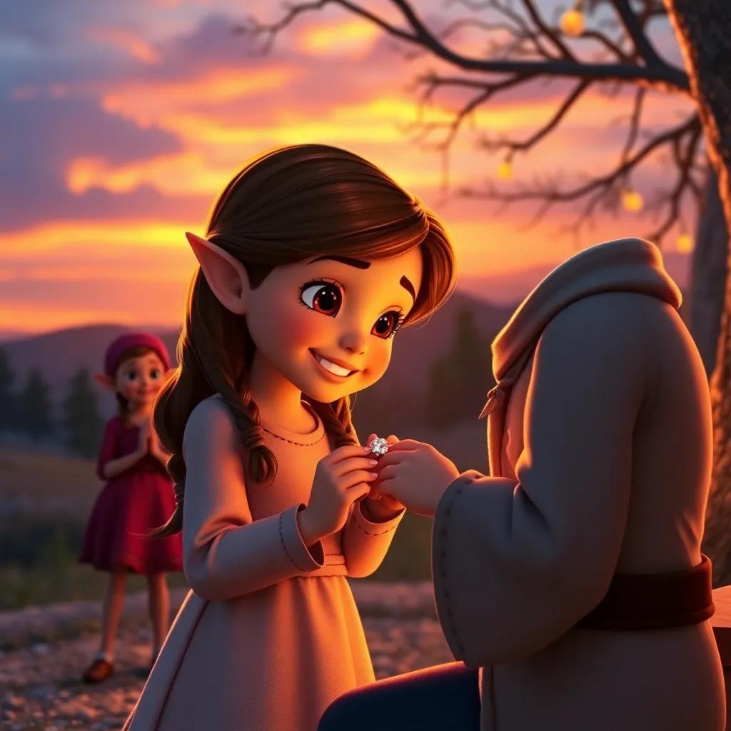 Lucy receiving her special bracelet from the elves, the sunset creating a beautiful backdrop, heartfelt moments, friendship depicted, touching perspective, rich colors, storytelling vibe, high quality