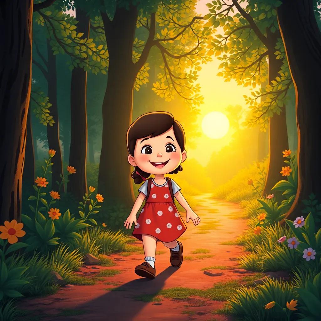 Lucy walking home through the forest, a joyful smile on her face, memories of her adventure in her heart, setting sun illuminating the path, charming scene, bright colors, whimsical art style, inviting