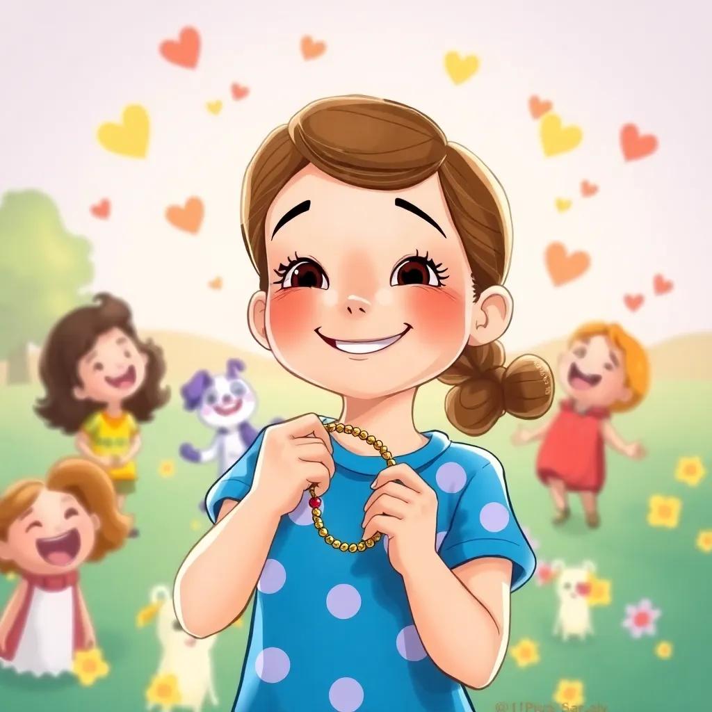 A joyful illustration of Lucy holding her bracelet, surrounded by happy memories of her new friends, colorful background depicting laughter and wonder, imaginative and uplifting, engaging detail