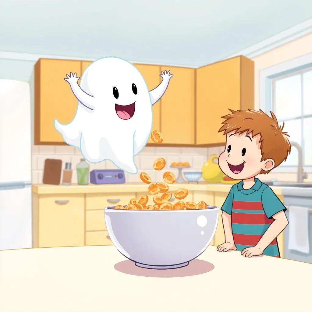 A playful ghost named Gary, with a translucent, flowing appearance, floating above a bowl of cereal, making it levitate in the air while Timmy watches with excitement, in a bright kitchen filled with light. Illustration, vibrant colors, humorous tone, high quality