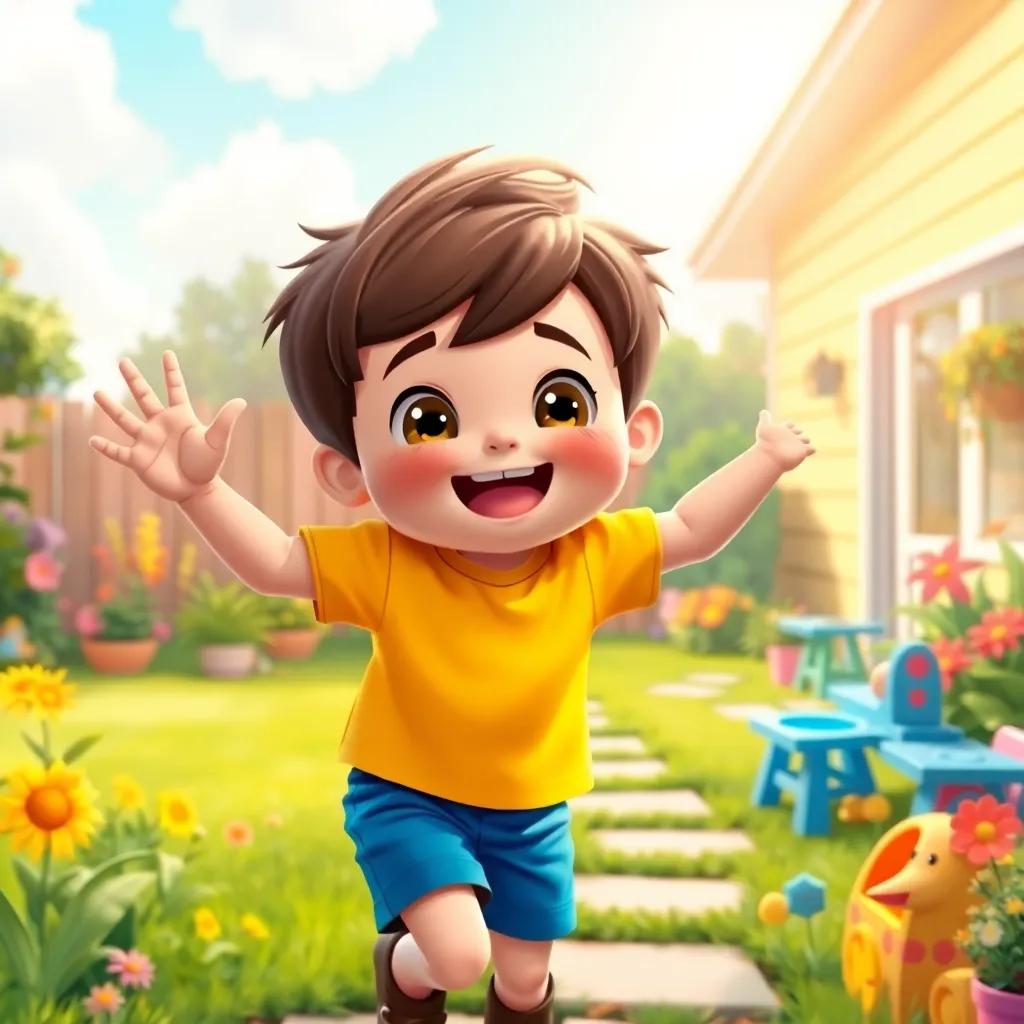 A boy named Sammy, with short brown hair, wearing a bright yellow t-shirt and blue shorts, jumping in excitement on a sunny morning, with a backyard filled with colorful flowers and toys, cheerful atmosphere, digital art, vibrant colors, joyful perspective, high quality