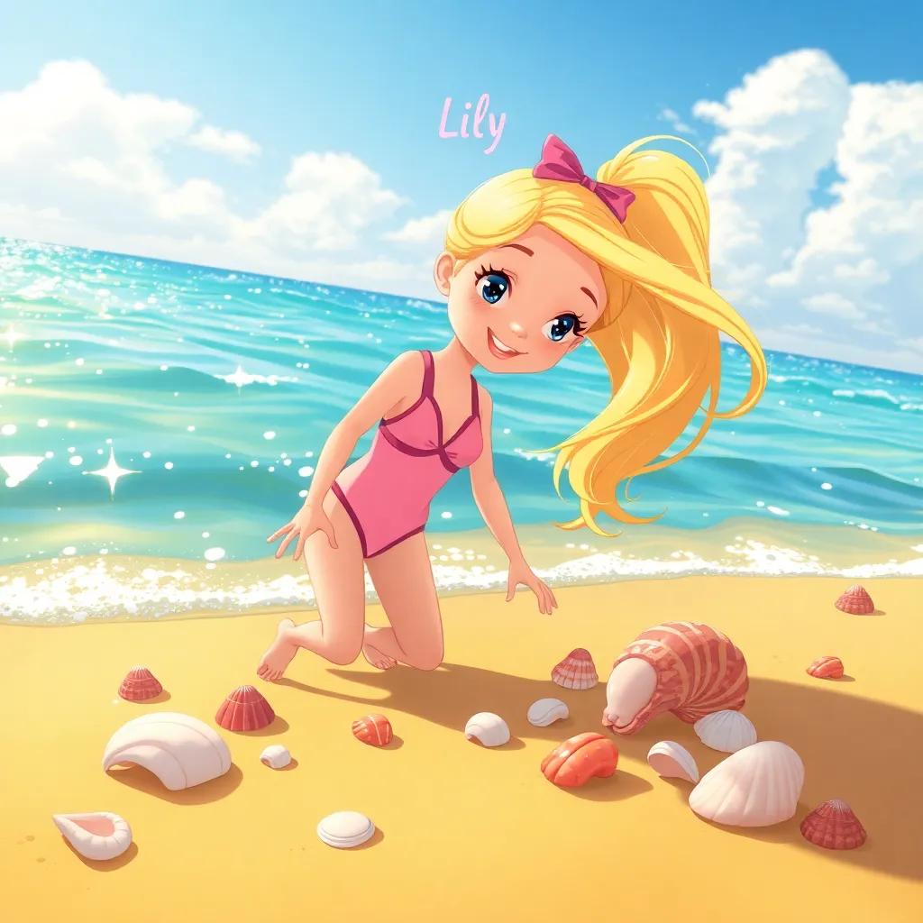 A girl named Lily, with long blonde hair, wearing a pink swimsuit, searching for seashells on a beautiful beach, surrounded by sparkling water and golden sand, playful atmosphere, illustration, bright colors, child-friendly, high quality