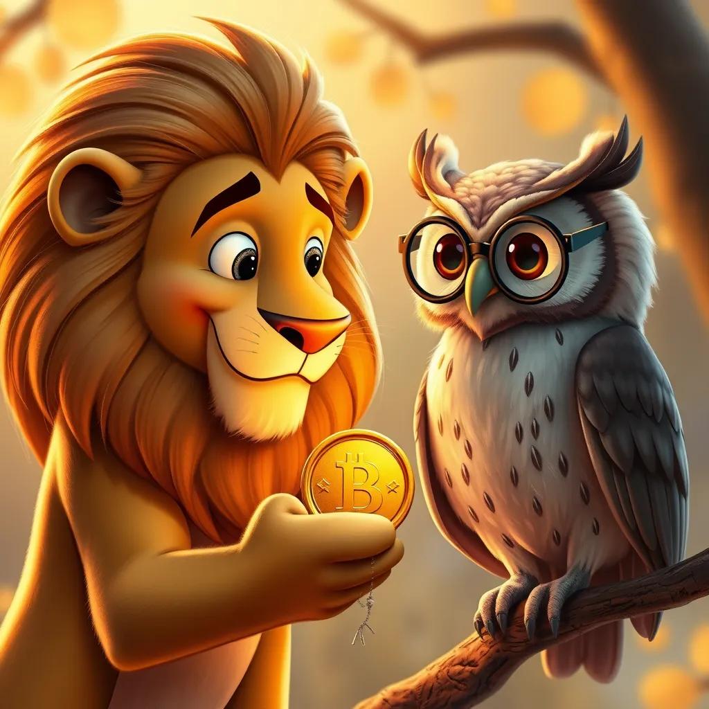 Leo the lion, showing a shiny golden coin to a wise old owl named Mr. Hoot, who has round glasses and a wise expression, sitting on a branch, warm lighting, detailed scene, friendly vibe, high quality