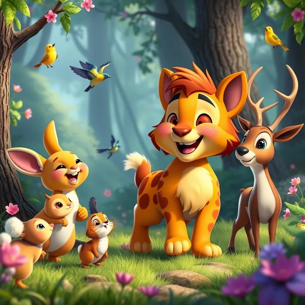 Leo, accompanied by playful rabbits, chirping birds, and a friendly deer, searching in the beautiful forest, sharing laughter and joy, bright colors, happy expressions, enchanting atmosphere, high quality