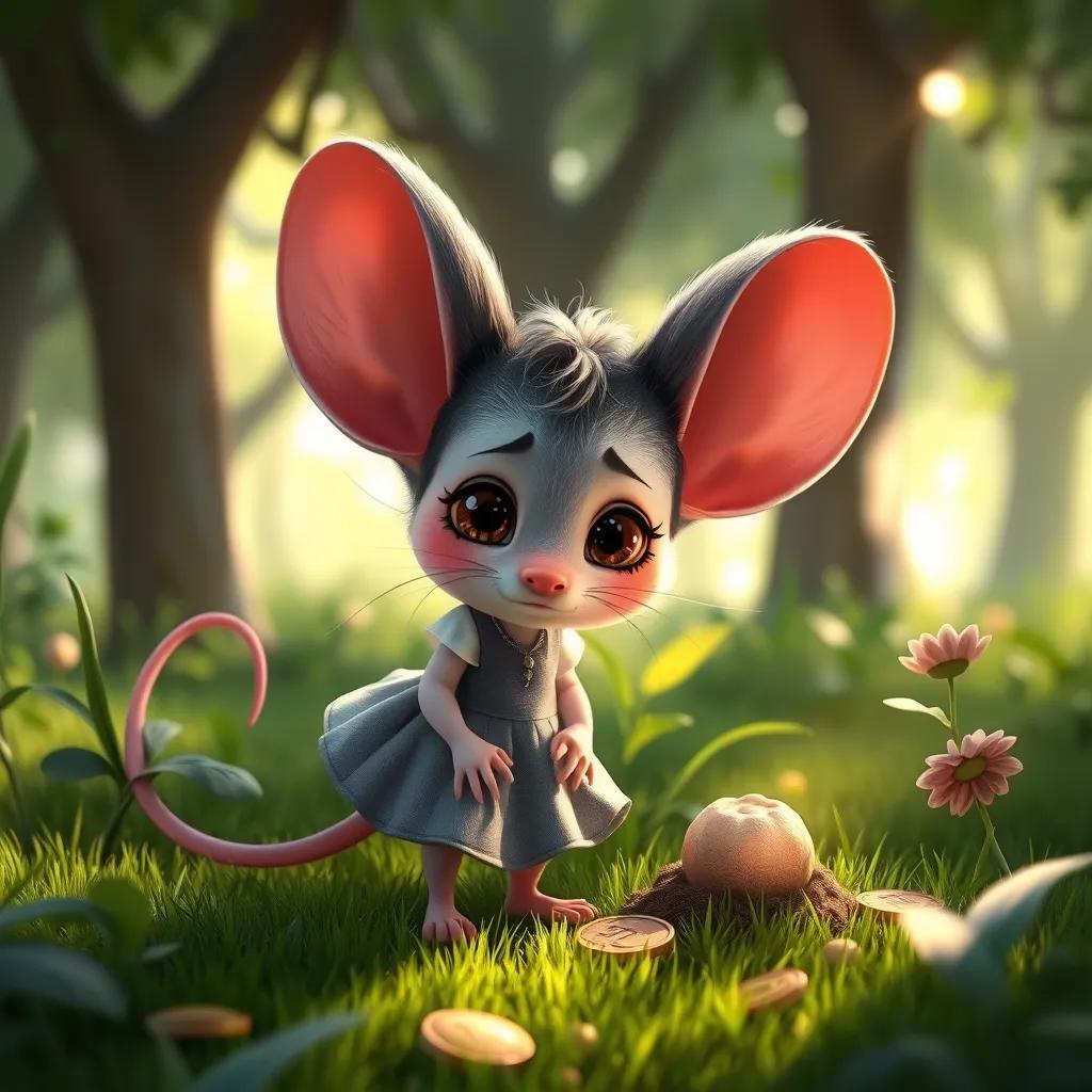 A sad little mouse named Mia, with big ears and a tiny dress, looking for her lost coin in a lush green spot, her eyes sparkling with hope, sunlight filtering through trees, heartwarming scene, high quality