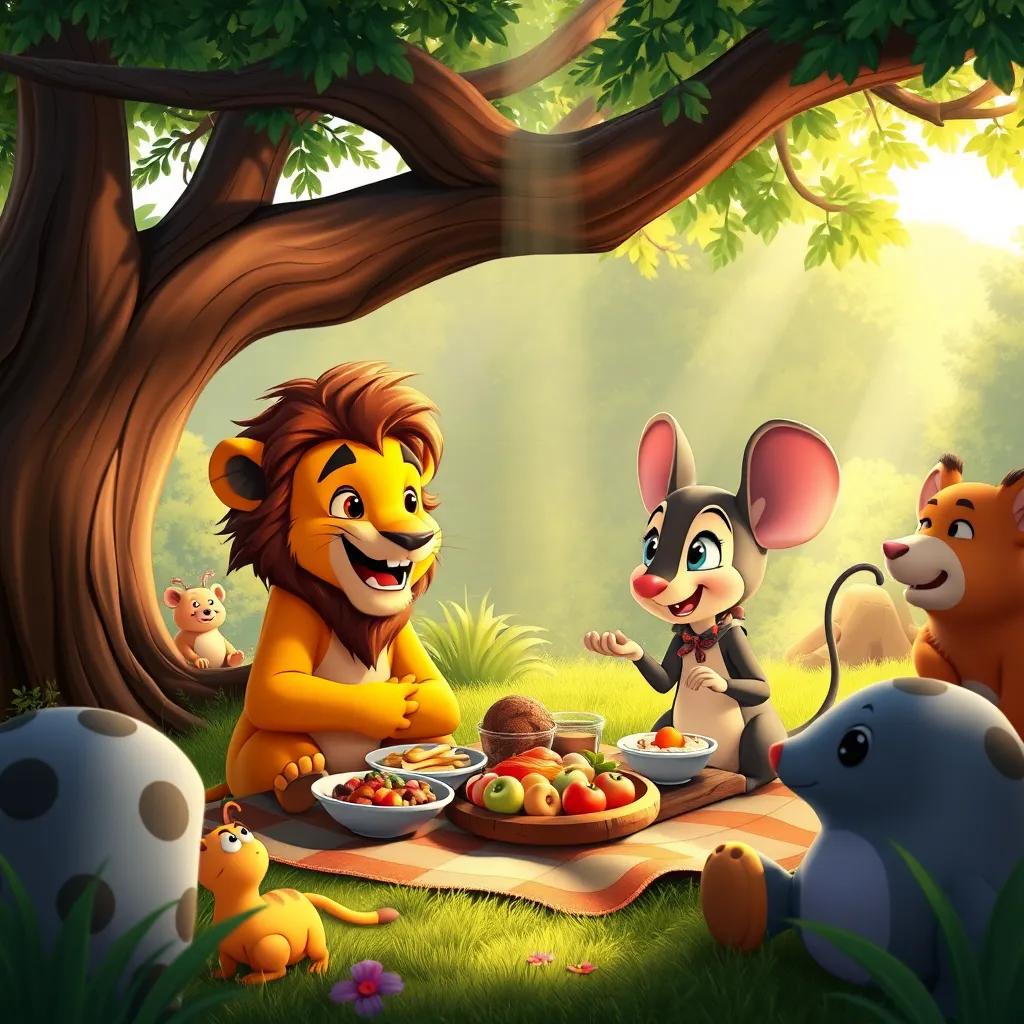 Leo the lion and Mia the mouse, sharing a picnic with delicious food under a big tree, surrounded by their forest friends, joyful and colorful, warm light shining down, cheerful atmosphere, high quality