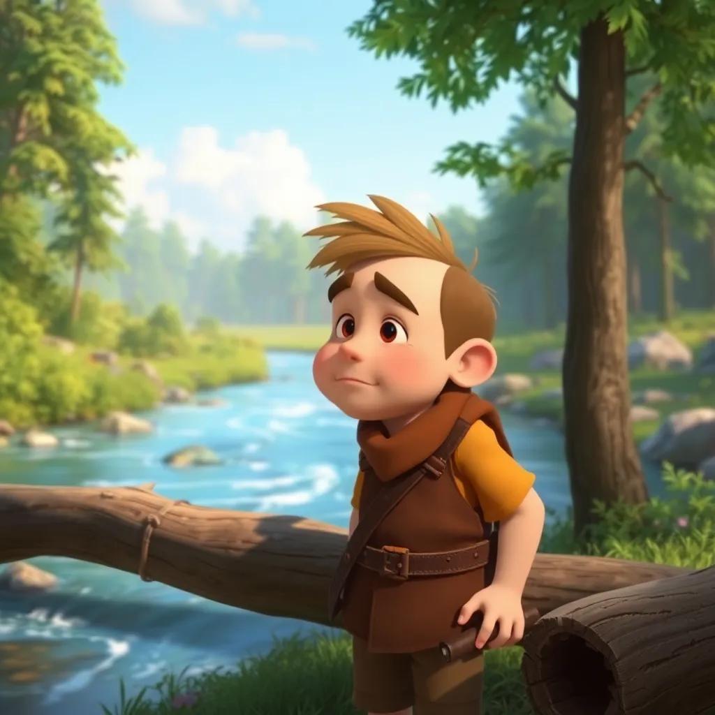 A poor woodcutter named Tim, looking sad by a river, with a flowing river and green trees around him, digital art, soft and warm colors, joyful atmosphere, engaging composition, high quality