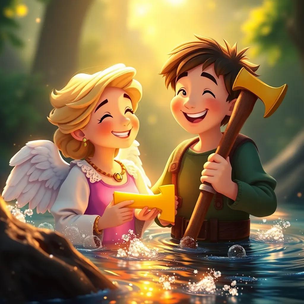 An angel smiling at Tim, a poor woodcutter, with a golden axe in her hand, surrounded by sparkling water, angelic and bright, warm sunlight, cheerful and magical scene, high quality