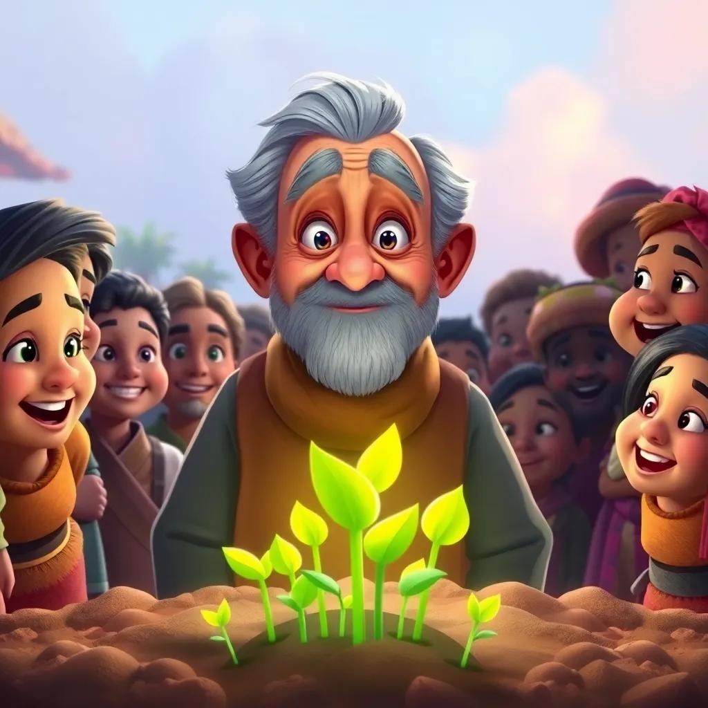 An old man named Mr. Omar with a gentle face, standing tall in front of the gathered villagers with hope in his eyes, bright green sprouts beginning to peek out from the ground, joyful expressions on villagers' faces, heartwarming scene, cheerful colors, uplifting mood, illustration