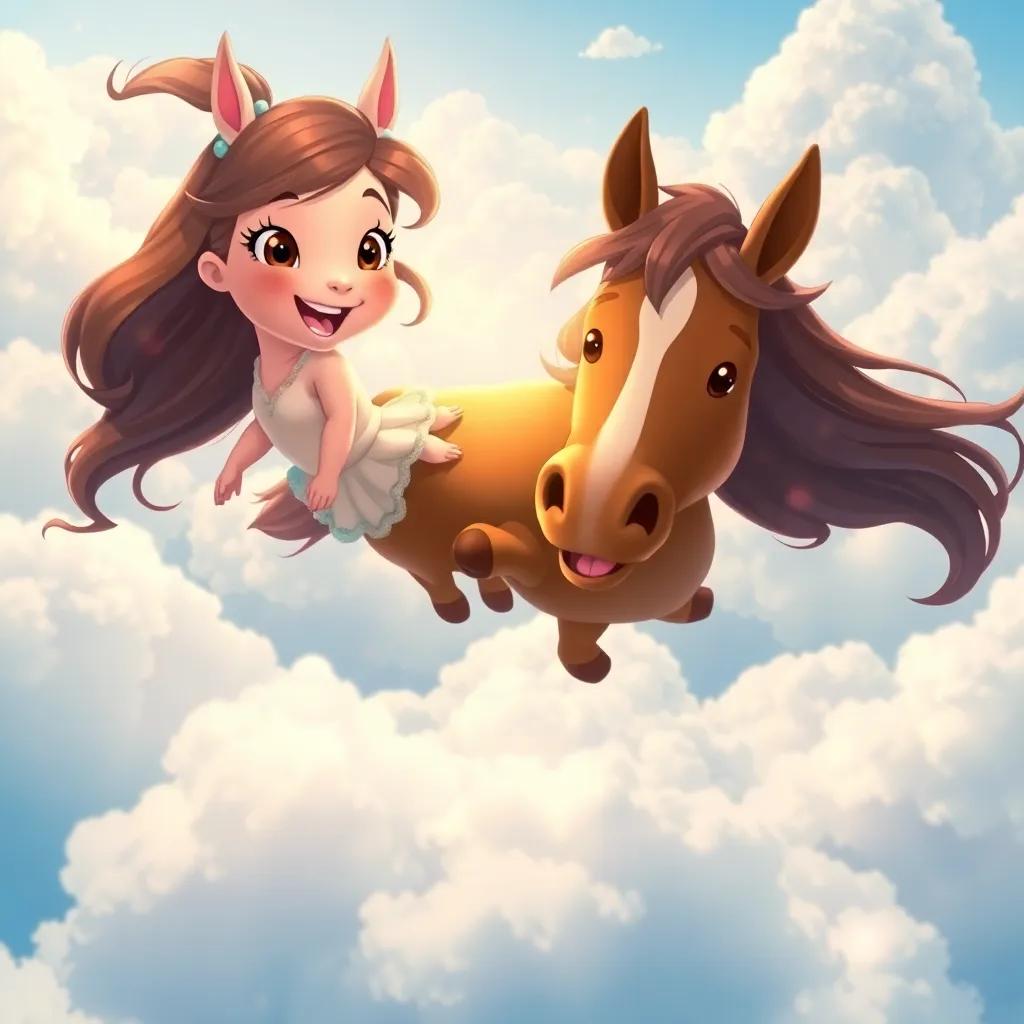 Mia and Charlie, the brown horse, soaring high in the sky above fluffy white clouds, feeling the wind in their manes, happy expressions, illustration, magical, serene colors, child-friendly perspective