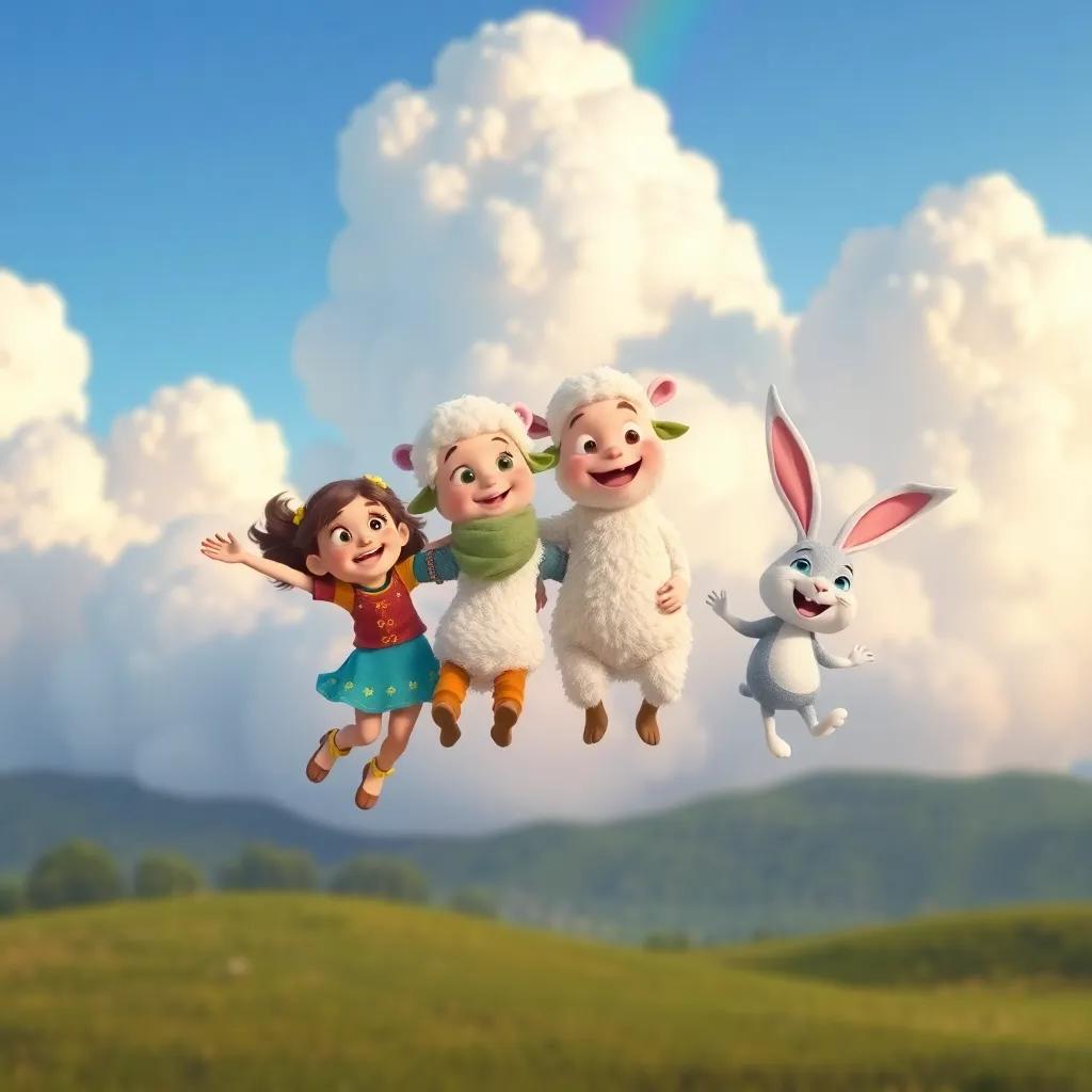 Mia, Charlie, Sam the sheep, and Bella the bunny together in the air, with giant fluffy clouds and a rainbow behind them, everyone smiling and laughing, vibrant cartoon style, joyful colors, playful atmosphere, high quality