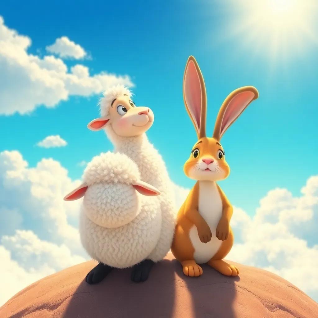 Sam the sheep with white fluffy wool and Bella the bunny with long ears, looking amazed at the view from above, surrounded by clouds and sunshine, illustration, adorable, bright colors, charming composition, high quality