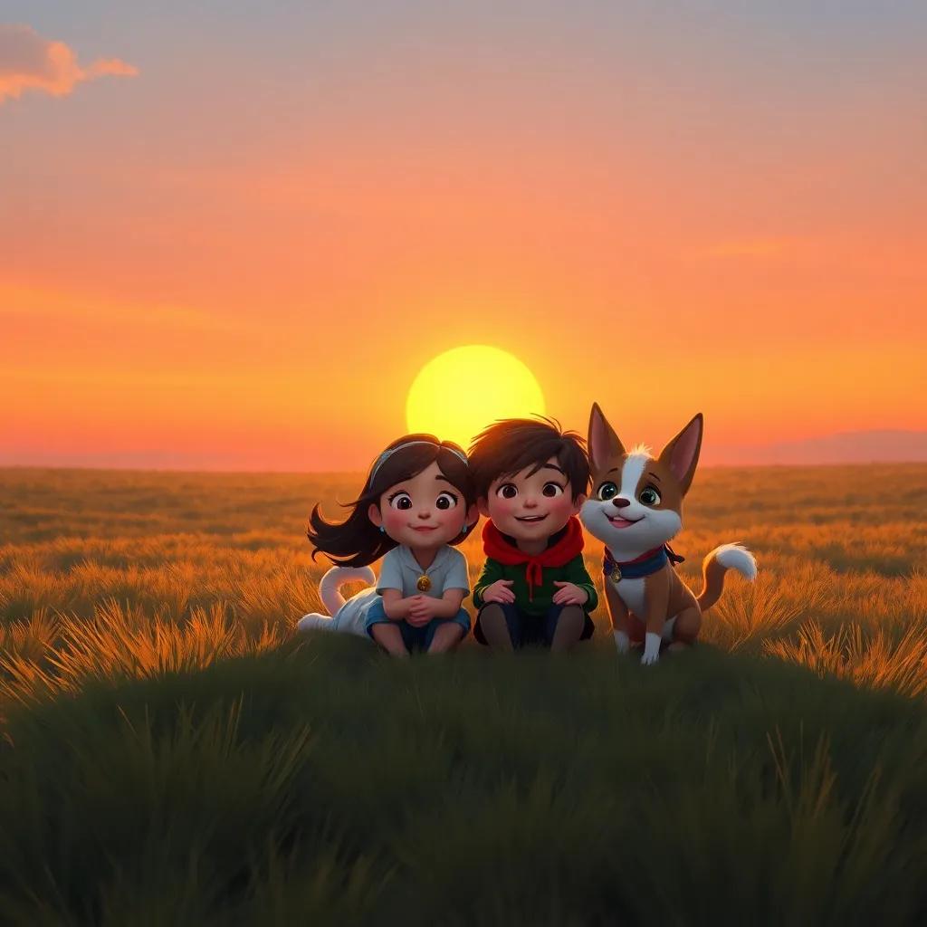 Mia, Charlie, Sam, and Bella, landing softly on the ground as the sun sets in the background, creating a warm orange glow, everyone happy, cozy, and content, digital painting, rich colors, heartwarming scene, high quality