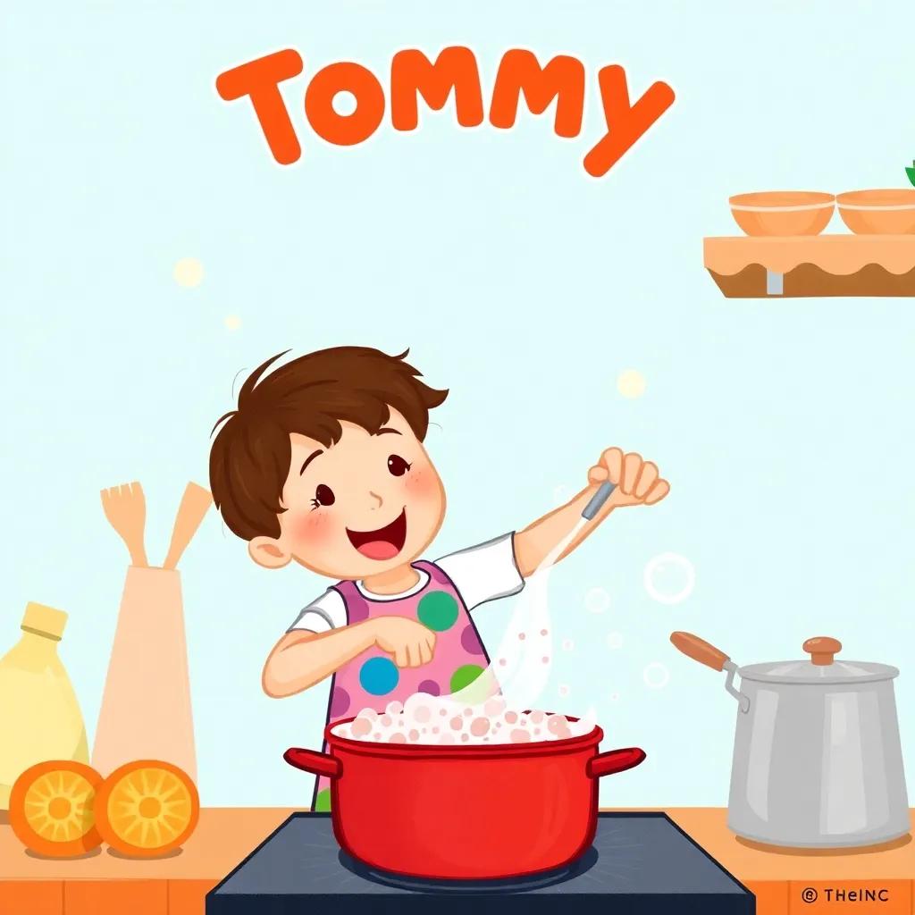 Tommy, a young boy with short brown hair in a colorful apron, excitedly stirring a bubbling red pot on the stove, with pops of bubbles and steam, bright and lively kitchen, vibrant colors, fun and engaging scene.