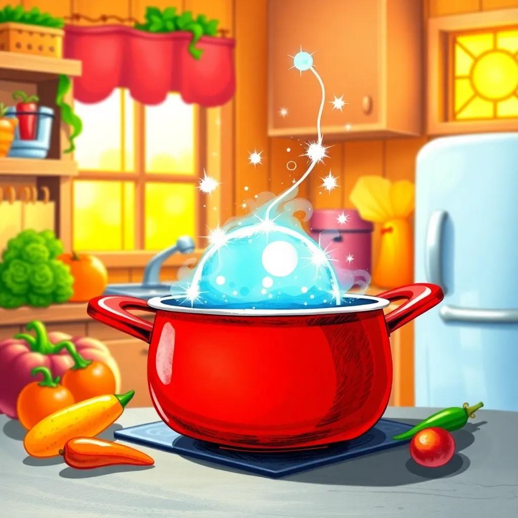 A shiny blue dot on the red pot, twinkling with magic, set against the warm kitchen background, with colorful vegetables and a sunny window, whimsical and enchanting, playful and bright.