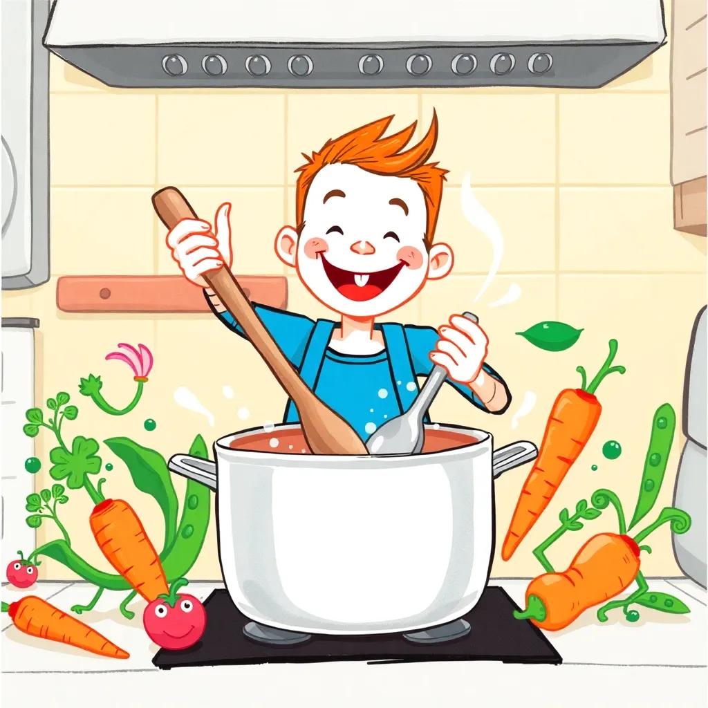 Tommy smiling widely, stirring the pot with a big spoon, surrounded by dancing vegetables like carrots and peas, colorful and fun, cozy kitchen with playful energy, illustrative and cheerful.