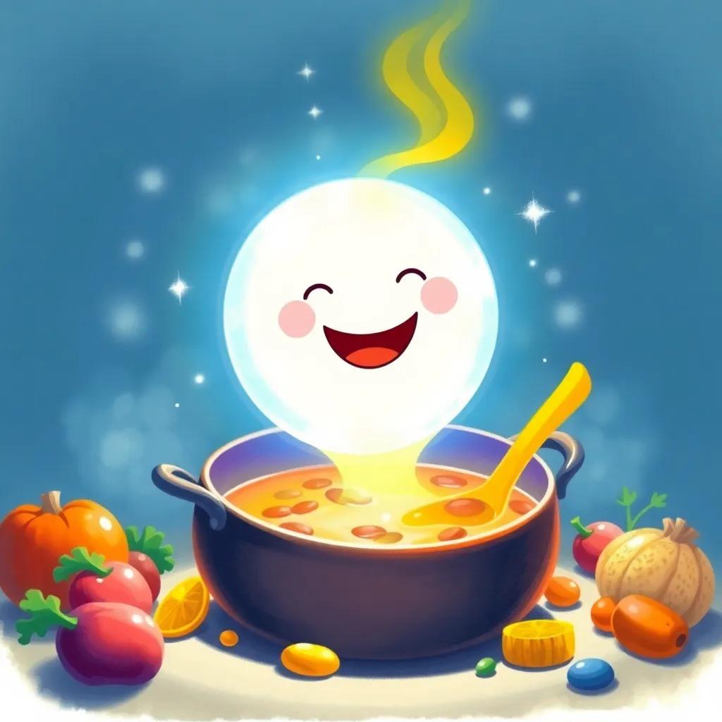 A joyful blue dot glowing magically in a pot, shimmering light around it, with vibrant colors of soup and vegetables, magical and inviting, heartwarming and fun composition.