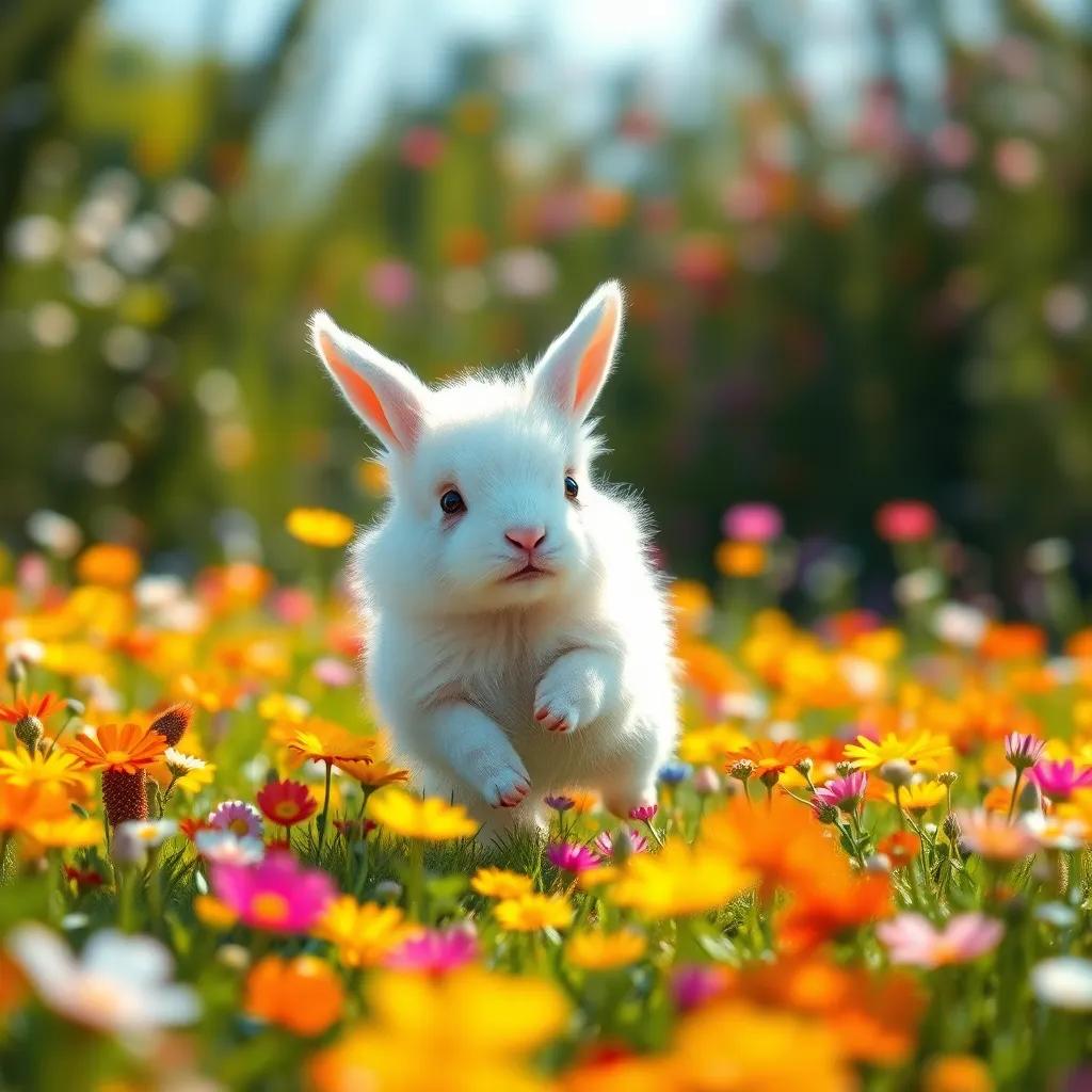 A small fluffy white bou named Bobo hopping in a colorful meadow filled with flowers, bright sunny day, cheerful atmosphere, digital art, vibrant colors, close-up view, high quality